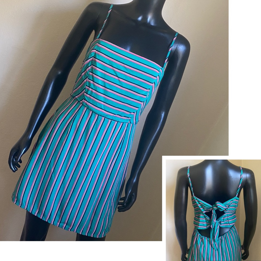 FAVLUX Kawaii Cute Striped Teal Pink Blue White Sundress